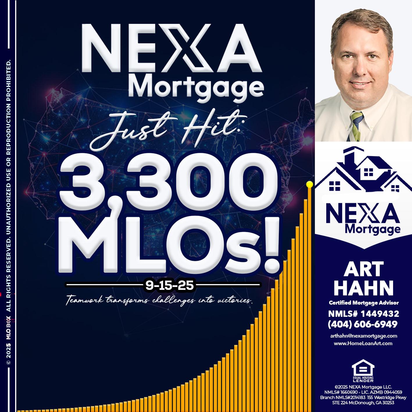 NEXA JUST HIT 3300 MLOS - Arthur Hahn -Mortgage Loan Originator